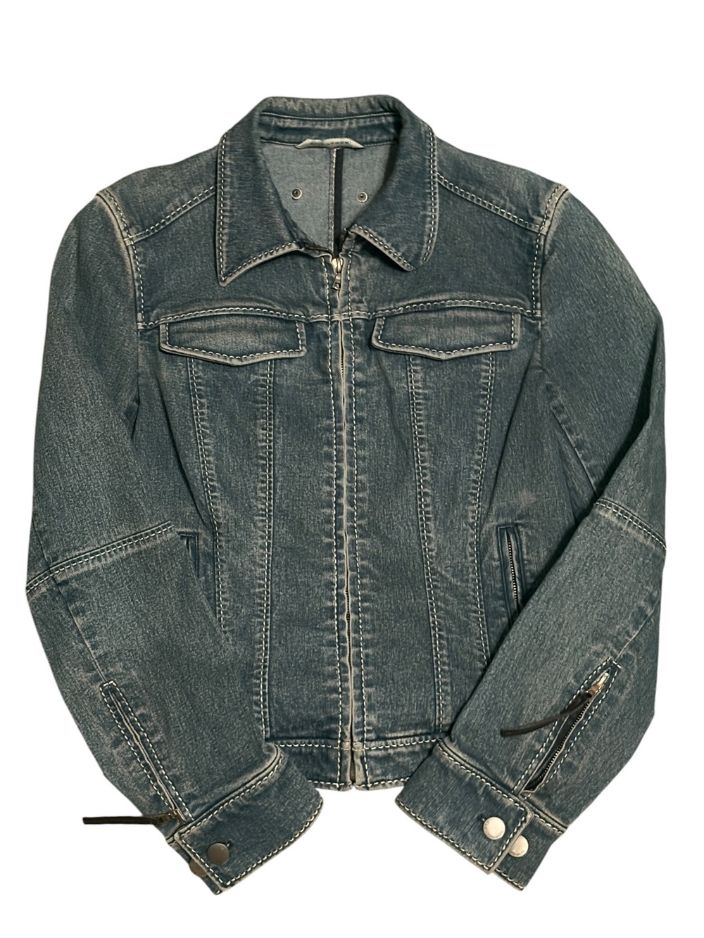 Vintage Elie Tahari Y2K Blue Denim Moto Jacket Zip Pockets